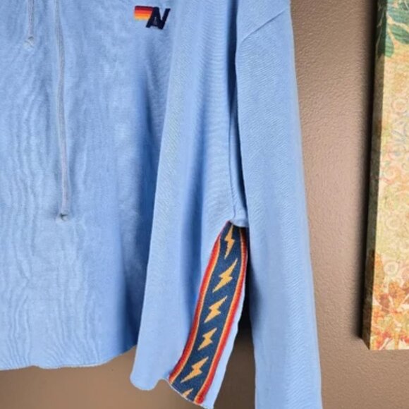 Aviator Nation Lightning Bolt Stripe Relaxed Cropped Pullover Hoodie in Sky Blue - Picture 9 of 12